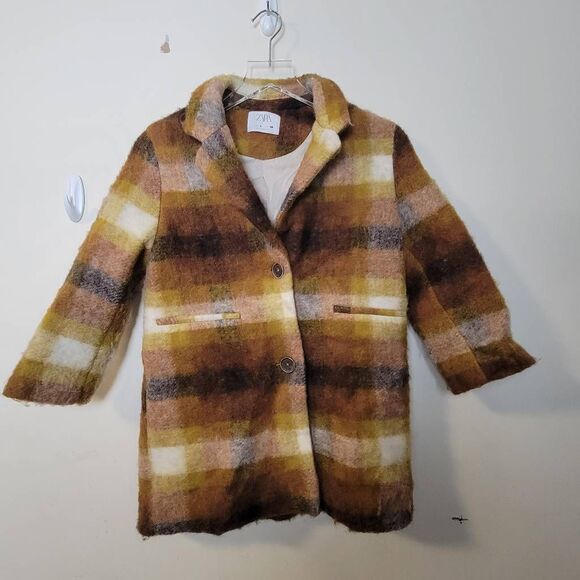Zara Kids Plaid Wool Blend Coat - lapel collar Size 8 - Picture 1 of 5
